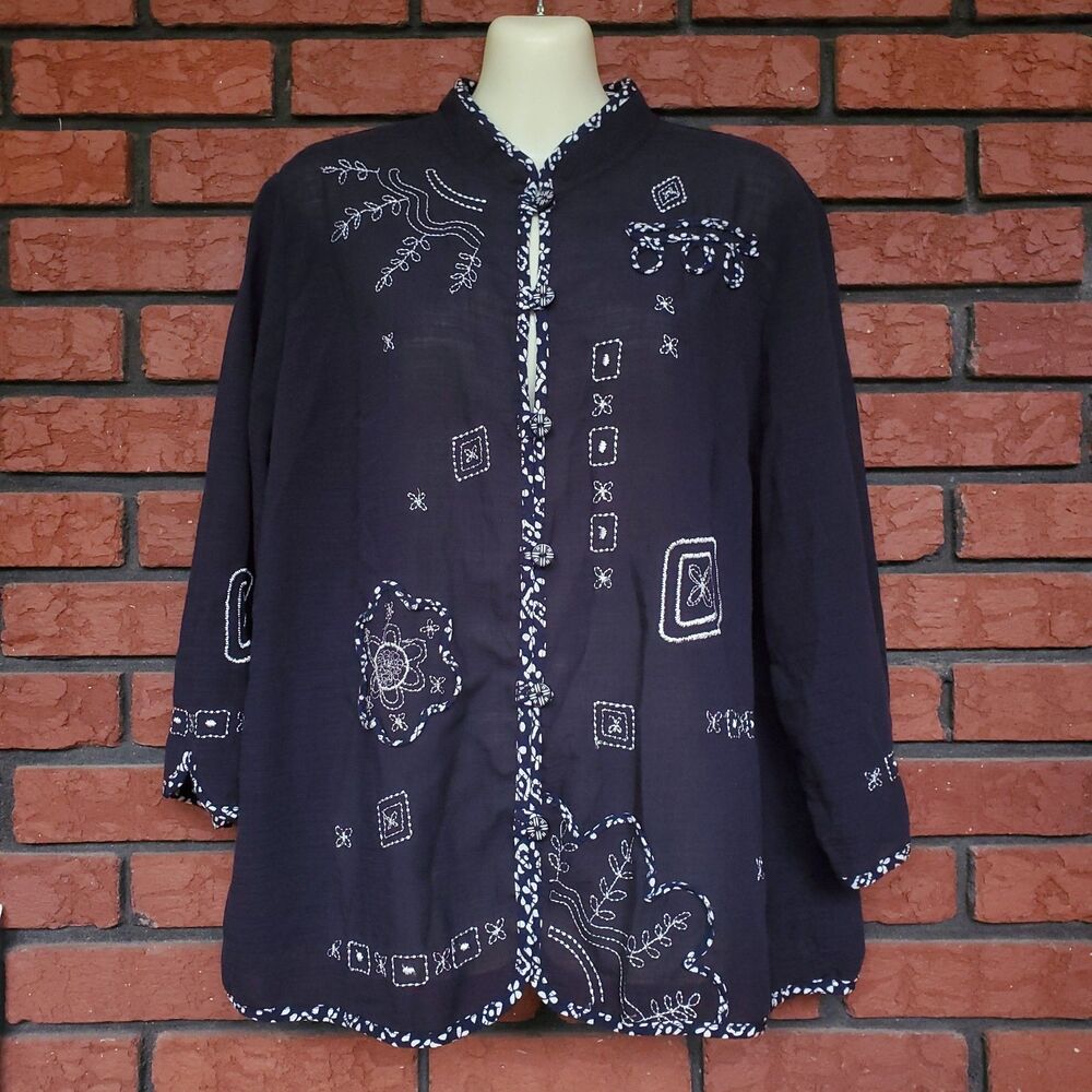 VTG Koret City Blues Jacket Sz L Navy Blue Embroidered Button Up Mandarin Collar